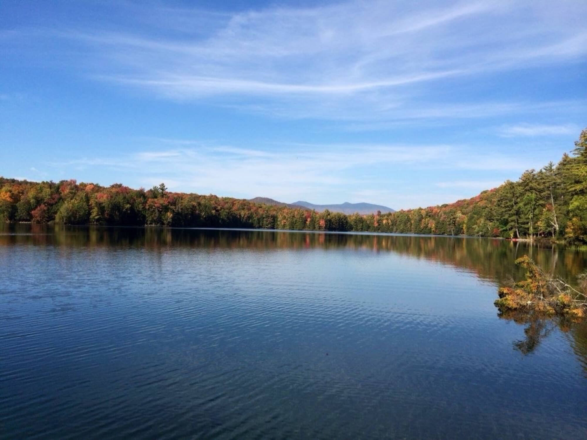 calm lake surrounded by autumn trees with blue sky