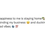 A meme that says Happiness to me is staying home, minding my business, and ducking bad vibes.